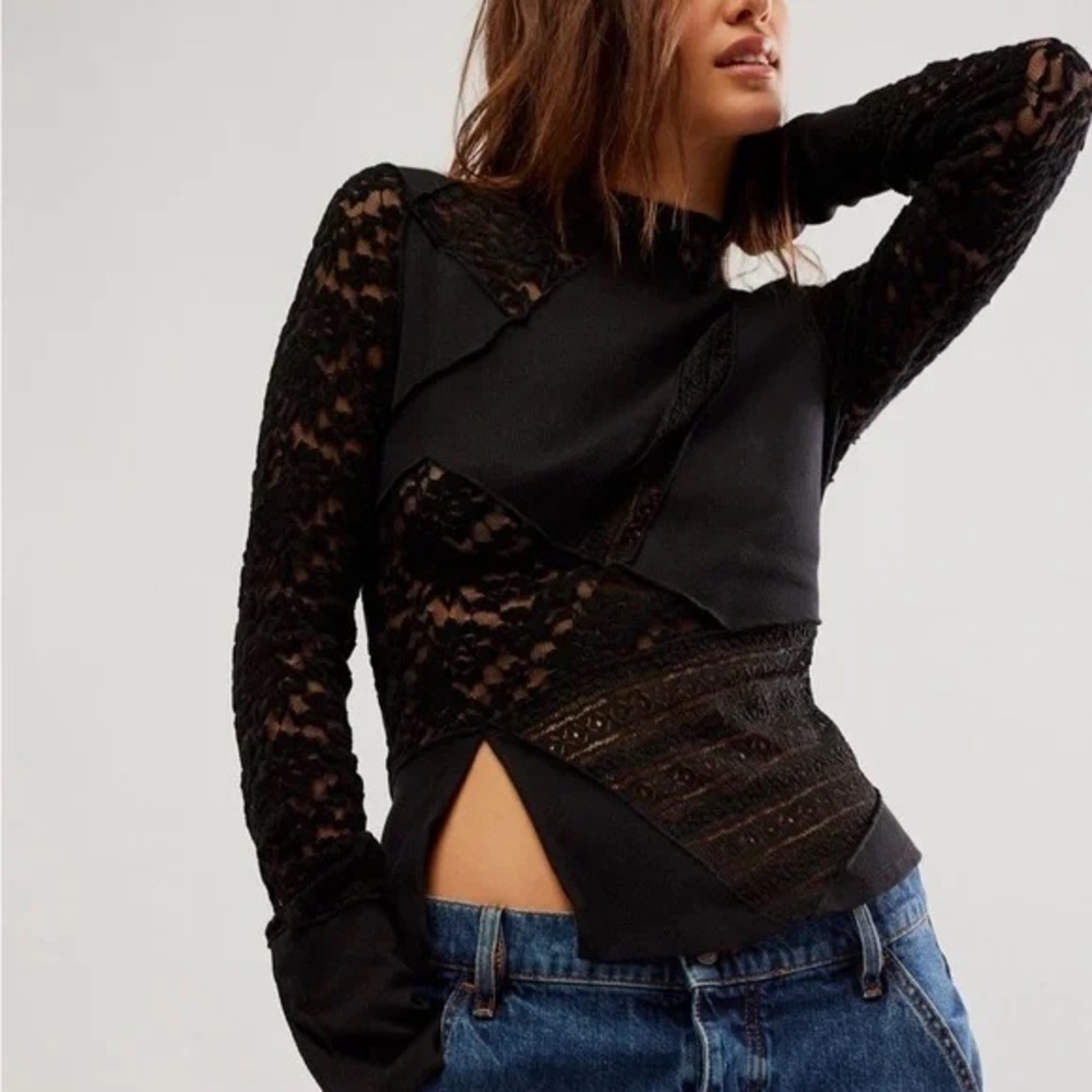 Free People- First Frost Layering Lace Patchwork Slit Long Sleeve Top- Size L